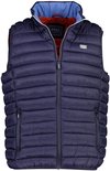 Donkerblauwe, gewatteerde bodywarmer met rits en capuchon. Rode voering met blauwe kraag.