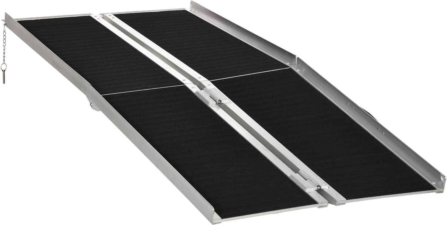 Rolstoelhelling- laadhelling- antislip opklapbare toegangshelling met veiligheidsranden- max. 270 kg- afmetingen 183L x 73-5W cm- aluminium- zwart.