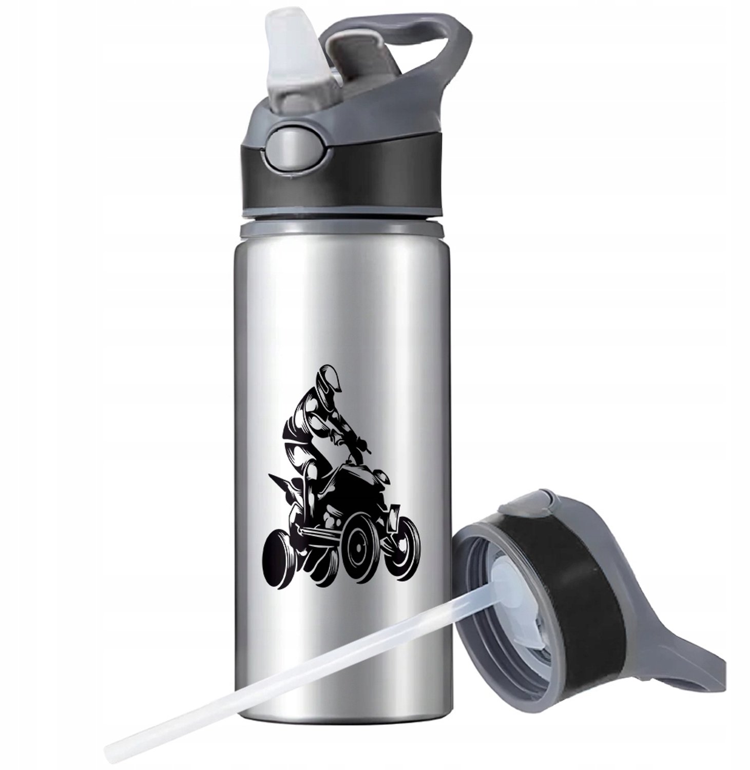 Aluminium Sport Bidon 650ml met Rietje en Handvat - Zilver