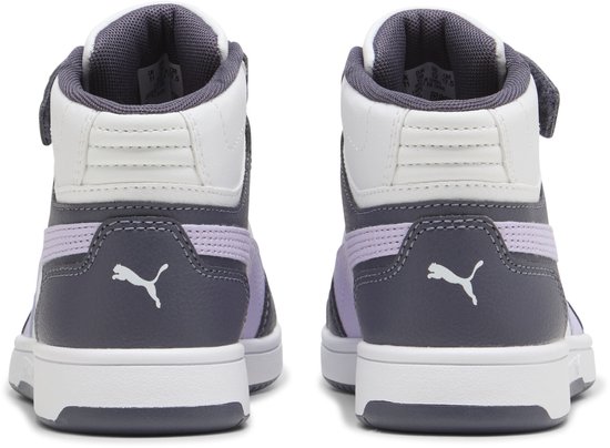 Achterkant van Puma Rebound Slam Mid AC PS sneakers in paars, grijs en wit met klittenbandsluiting.