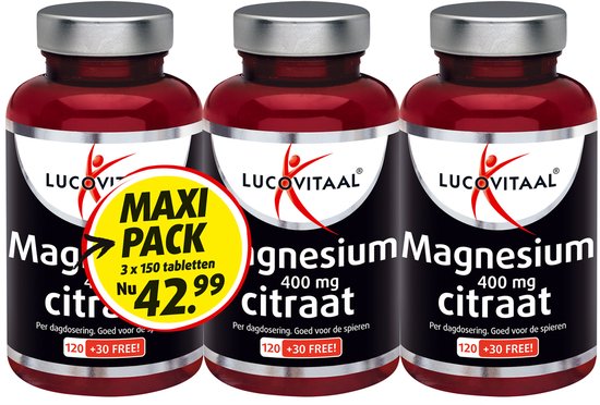 Drie rode potten met Lucovitaal Magnesium citraat 400 mg. Op één pot een gele sticker met 'Maxi Pack' en 'Nu €42.99'.