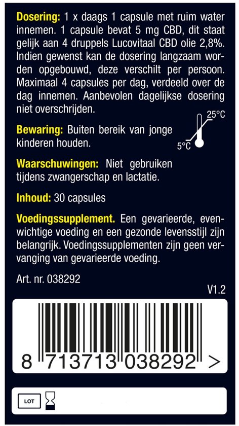 Achterkant van de verpakking van Lucovitaal CBD capsules, met productinformatie en waarschuwingen.