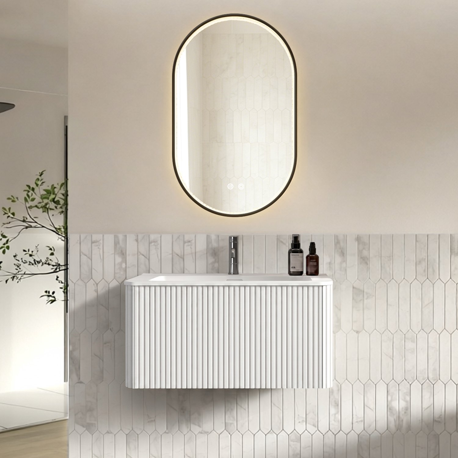 MODENUIT Badmeubelset - Wastafel Met Onderkast En LED-Spiegel - Wandmontage Voor Badkamer - Wit - 80 Cm