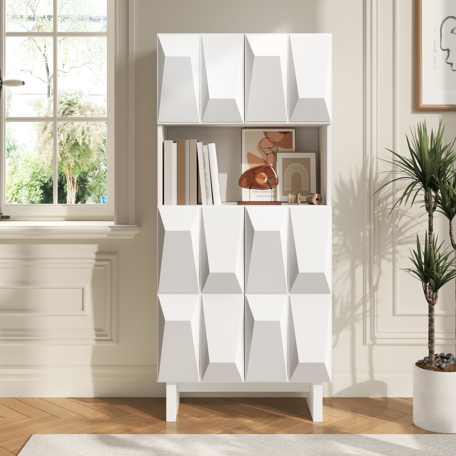 MODENUIT Vitrinekast - 4 Deuren En Open Vak - Woonkamer En Hal - Spaanplaat - Wit - 60,5x34x135,5 Cm