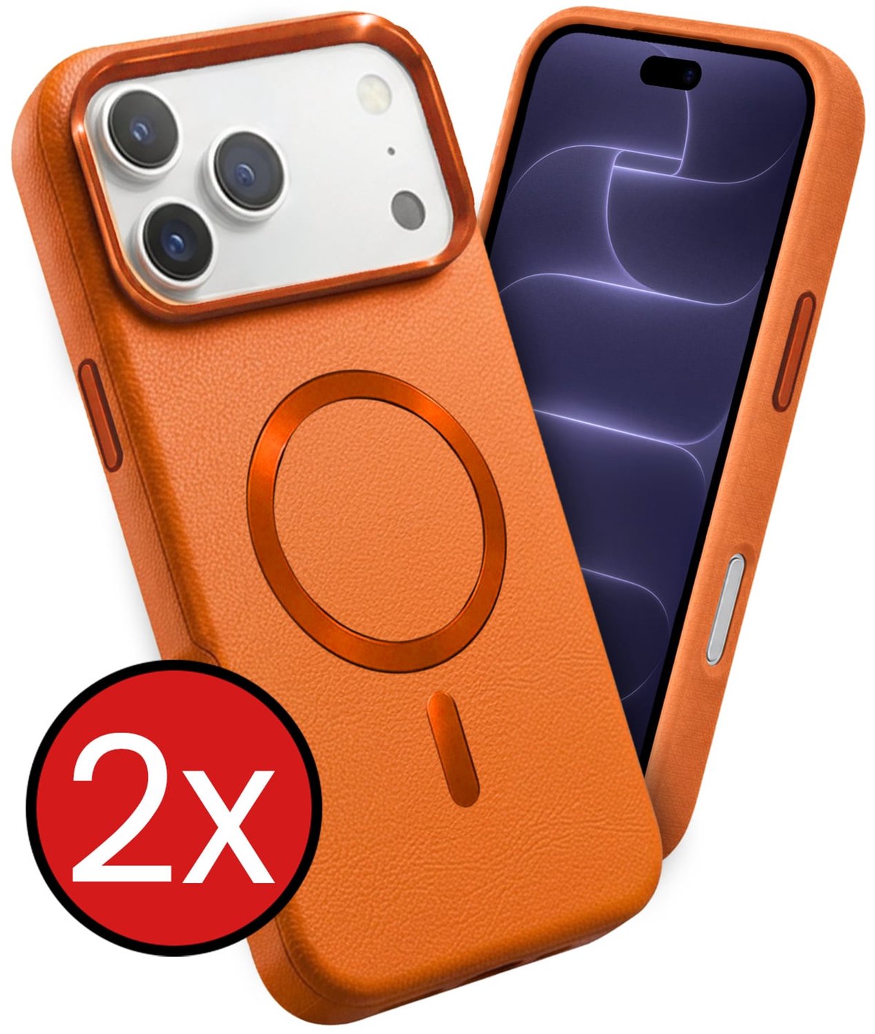 Hoesje - 2 Stuks - Geschikt voor Apple iPhone 18 Pro Max - Magsafe Compatible - Leer Look - Sterk & Shockproof - Shock Proof Case - Back Cover - Telefoon Hoes - Telefoonhoes - Oranje