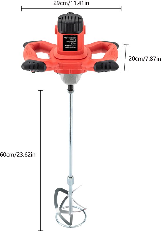 Betonmixer Elektrisch - 1500 W Vermogen - 6 Snelheden - 12 cm Mengkop - Rood - Draagbare Mortelmixer — afbeelding 5