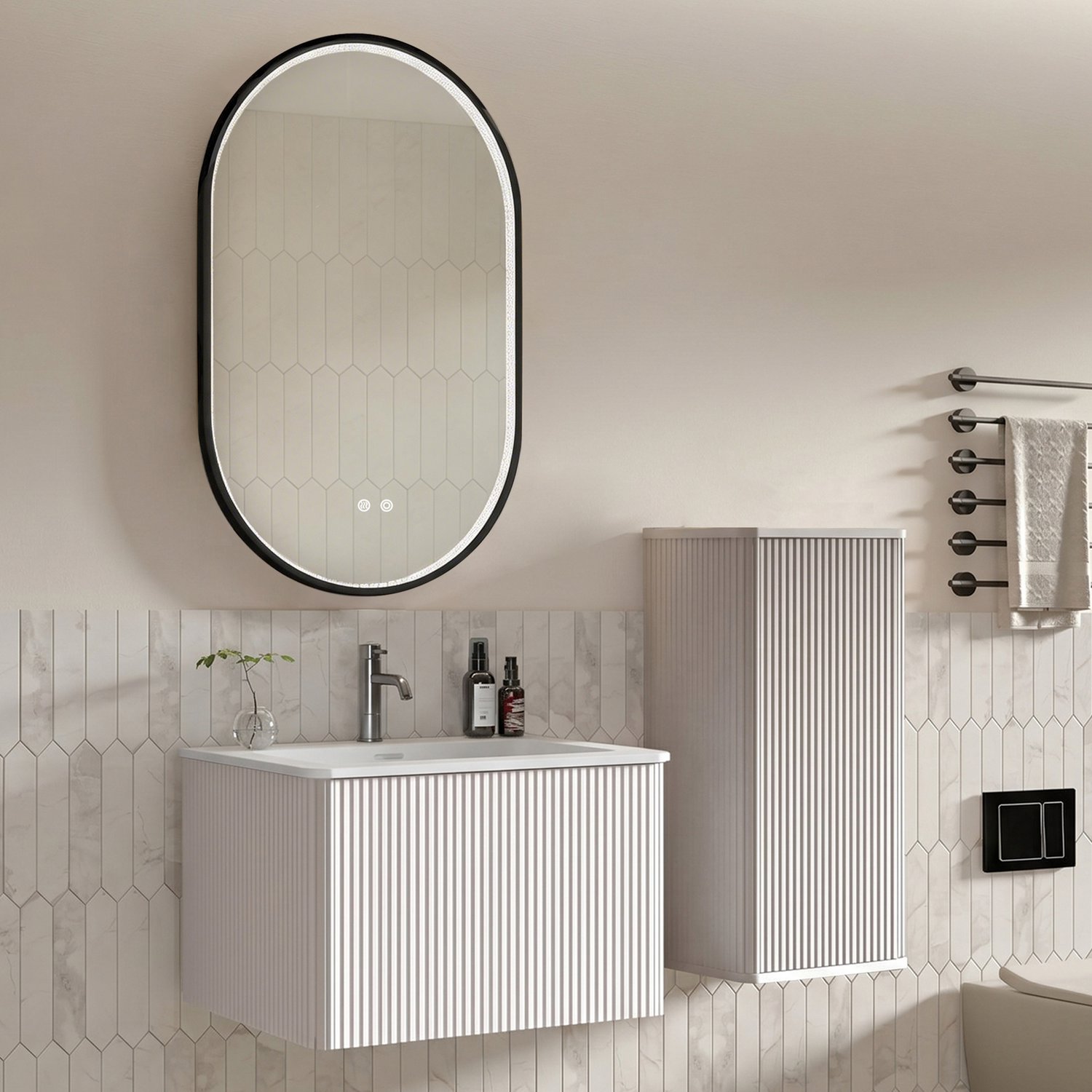 MODENUIT Badkamermeubelset - Wandhangend Met Wasbak, Zijkast En Ledspiegel - MDF, Glas - 60 Cm - Wit