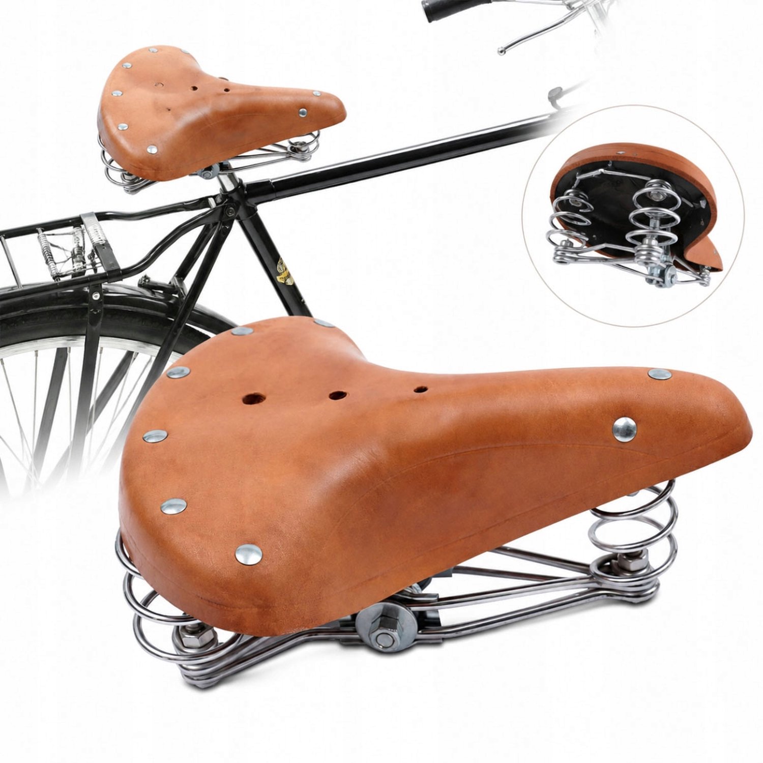 Retro bruin fietszadel van echt leer met 3 veren