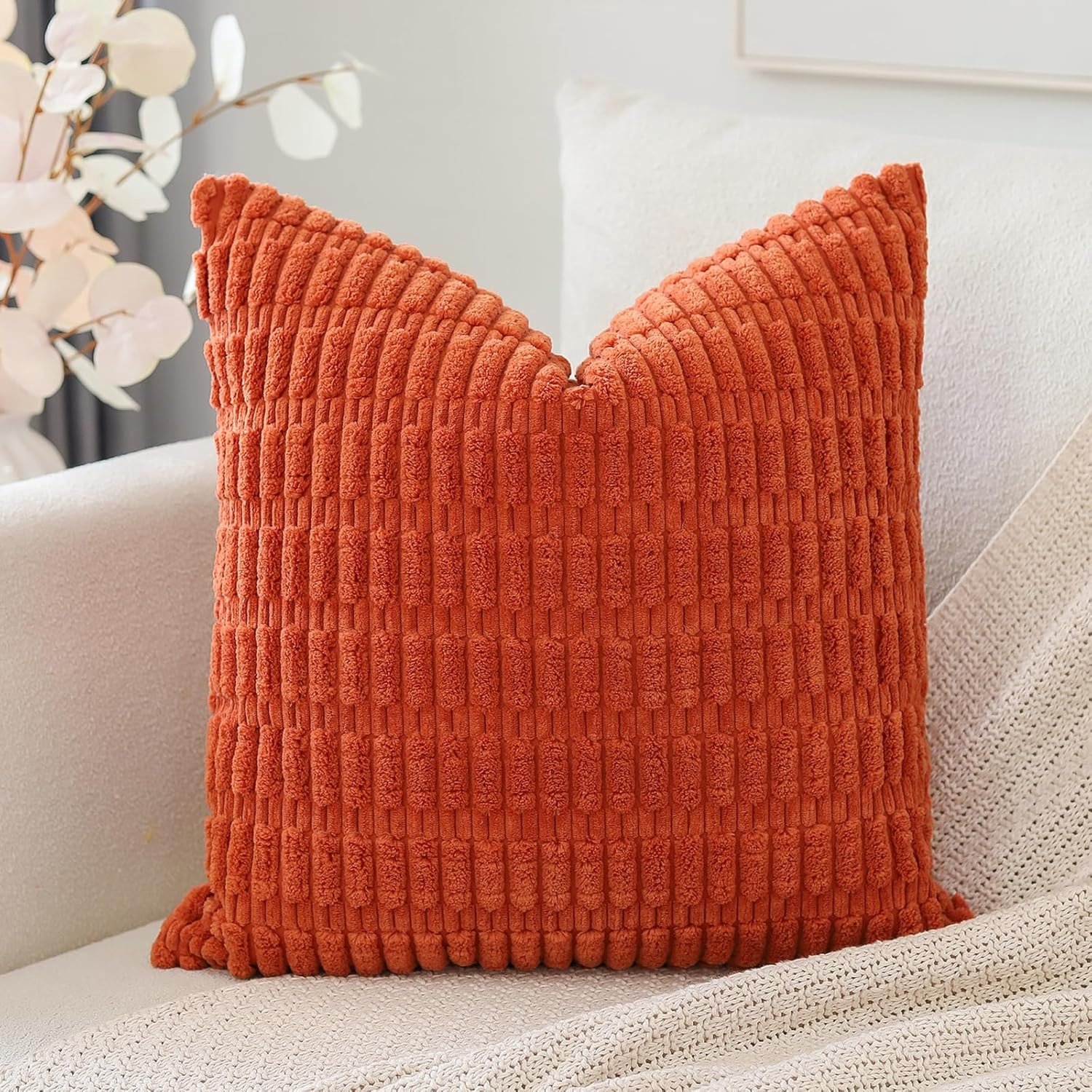 Famanu Kussenhoes Corduroy (40x40 cm) - Stijlvolle decoratie - Zacht materiaal - Oranje rood