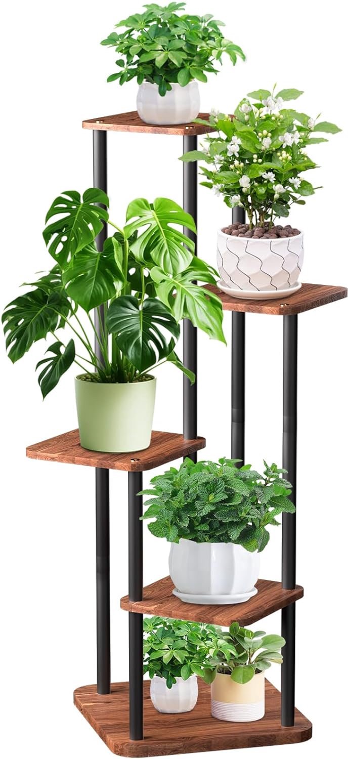 Famanu - Pflanzenständer 5 Etagen - Ruimtebesparende plantenoplossing - Stevige metalen constructie - Houtkleur