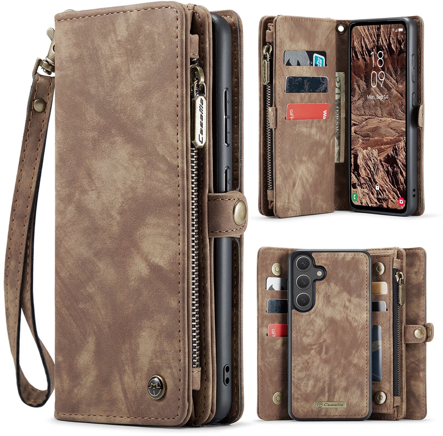 CaseMe Hoesje - Geschikt voor Samsung Galaxy S26 FE Hoesje - CaseMe 008 2-in-1 Book Case & Back Cover met Portemonnee - Bruin