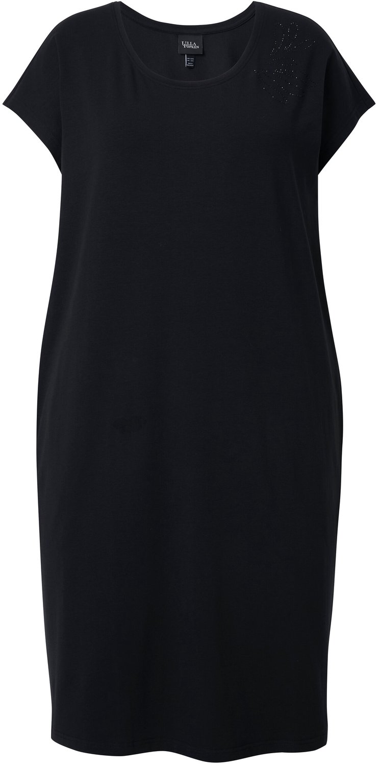 Ulla Popken - Dames - Jersey jurk siersteentjes oversized ronde hals - Zwart - Maat 42+