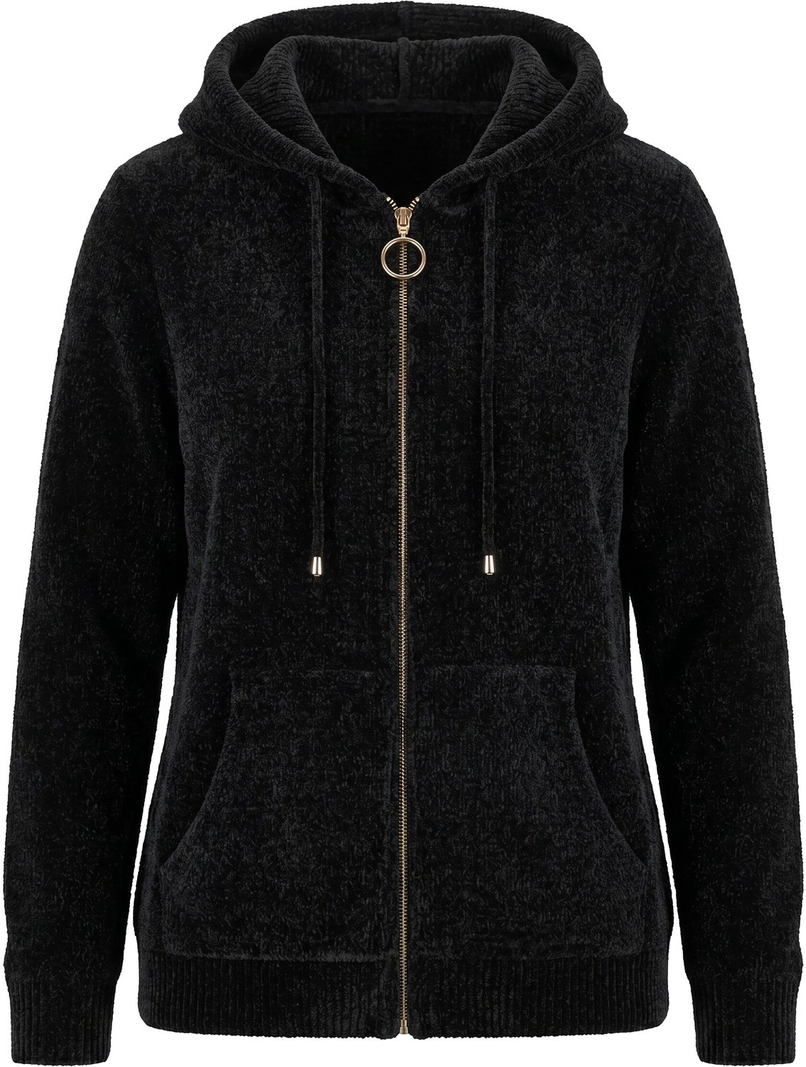 Ulla Popken - Dames - Vest chenille capuchon lange mouwen - Zwart - Maat 50+