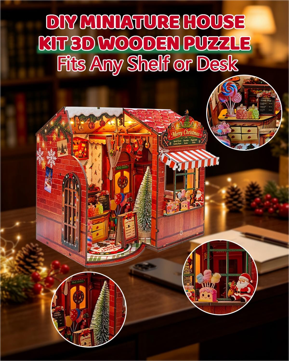 Namajunas - DIY Miniatuur Kerst Snoepwinkel - Houten Bouwpakket met LED Touchlamp - 3D Houten Puzzel, Kerstdecoratie, Cadeau voor Volwassenen en Jongeren - Hobby - Tafel en Boekenplank Decor - Modelbouw - Miniatuur - Knutselen – foto 2
