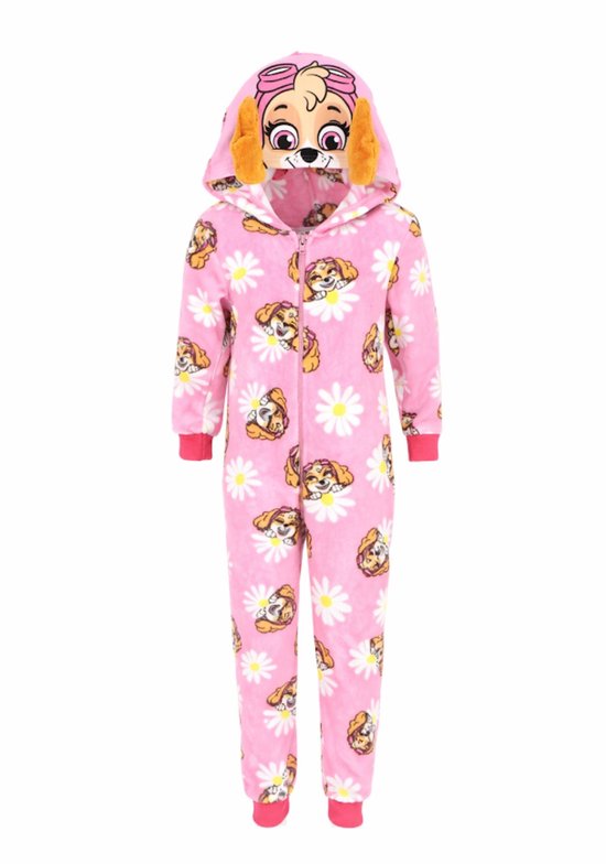 Roze onesie met Skye van Paw Patrol, bloemenprint en capuchon met hondengezicht.