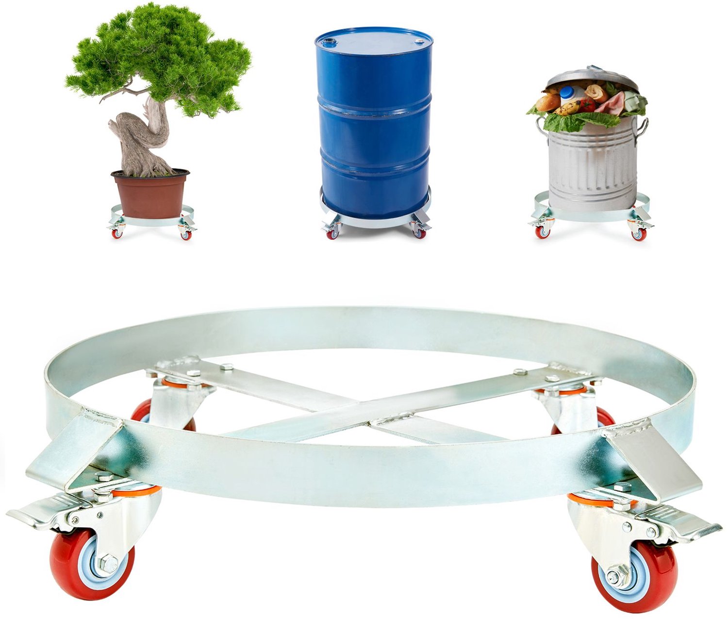 208-2 liter zware vatenwagen- 453-6 kg draagvermogen- vatenwagen- niet-kantelende handkar met stalen frame en 4 zwenkwielen- voor het hanteren van vaten in magazijnen.