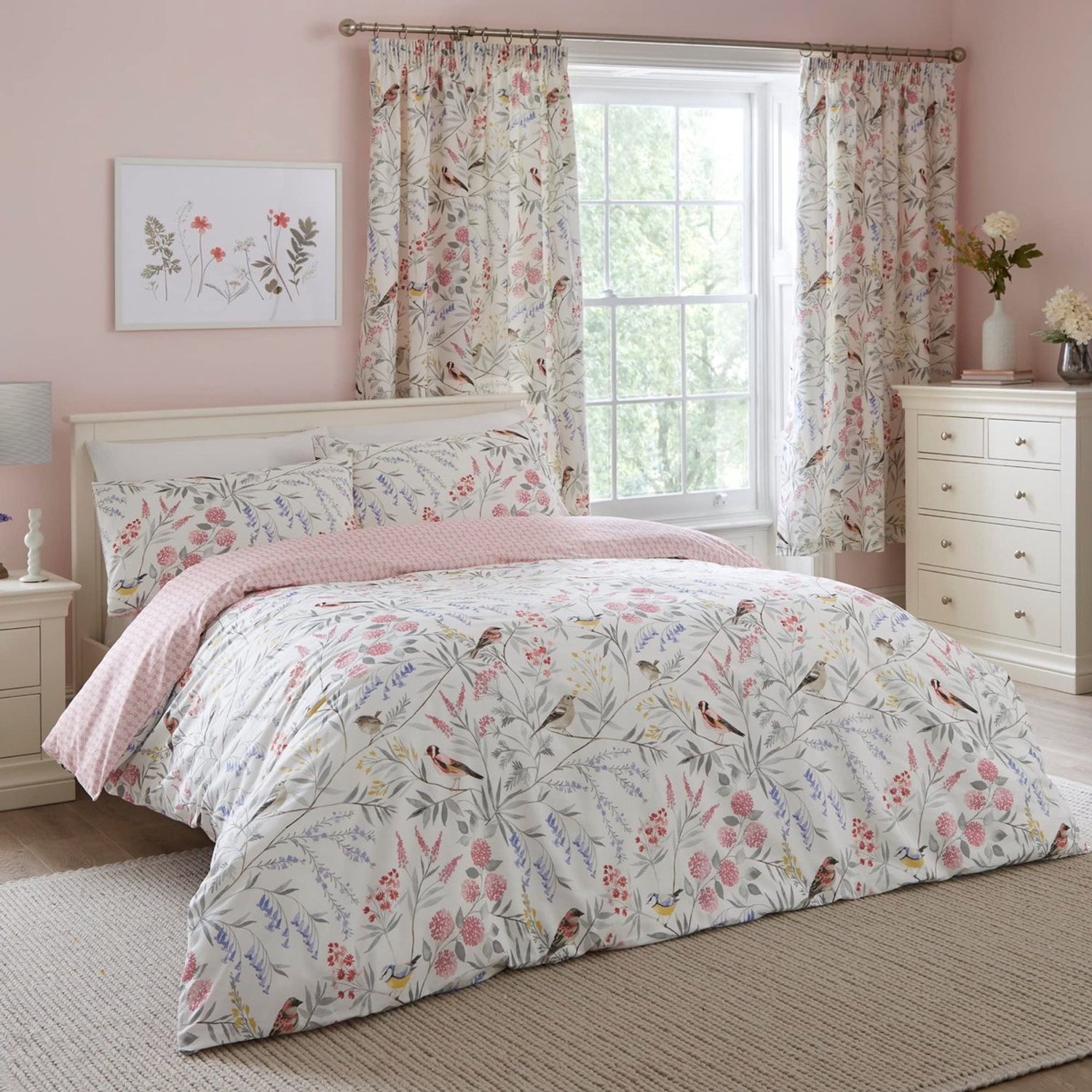 Duraxl Dekbedovertrek - Eenpersoons - 140 x 200 cm - Roze bloemen en vogels