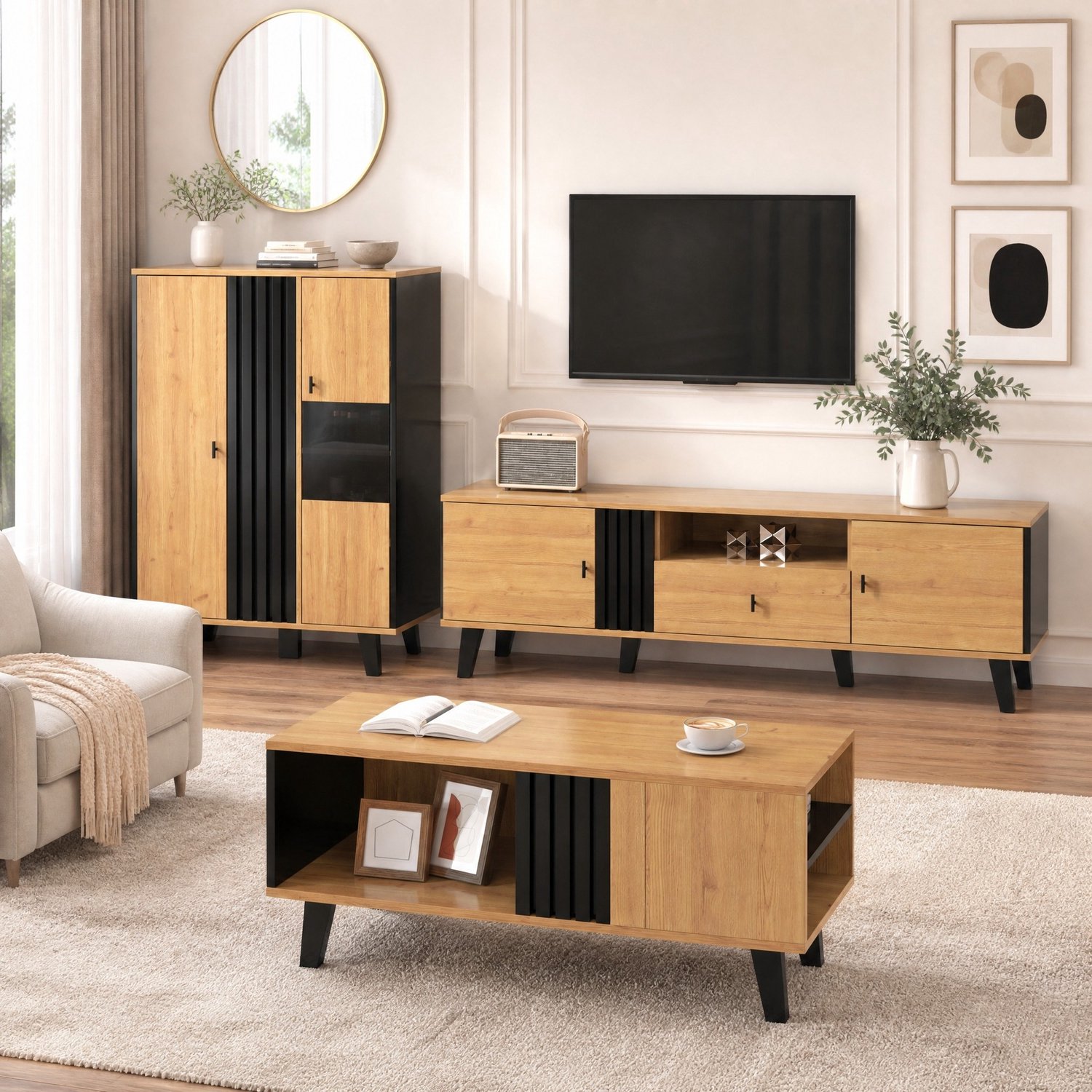 Maisentiel Tv-meubel 170 x 40 x 50,5 cm - houtkleur en zwart - 2 deuren en lade Naturel, zwart