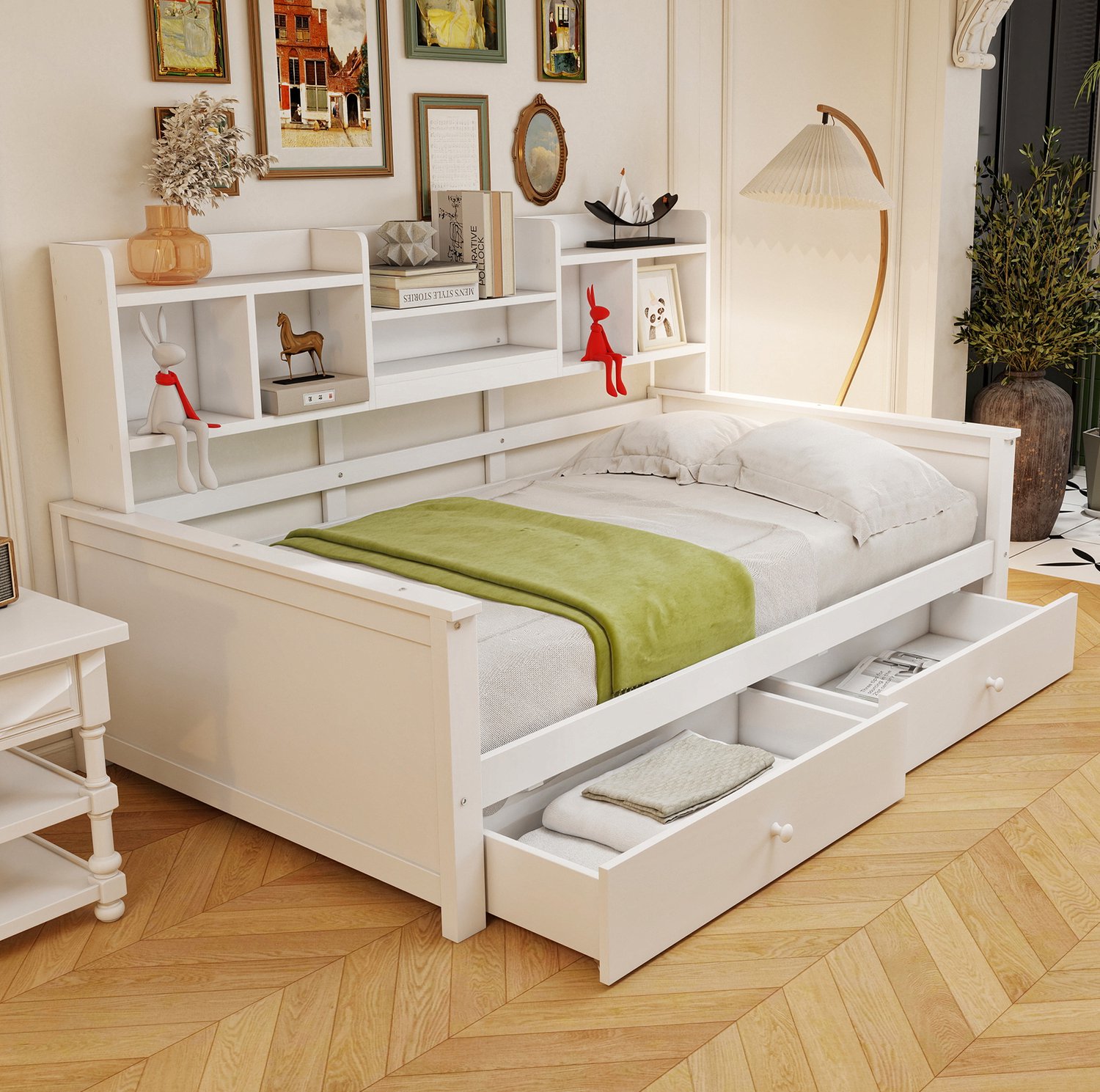 Maisentiel Witte bedbank 90 x 200 cm met 2 lades, zijvakken en lattenbodem