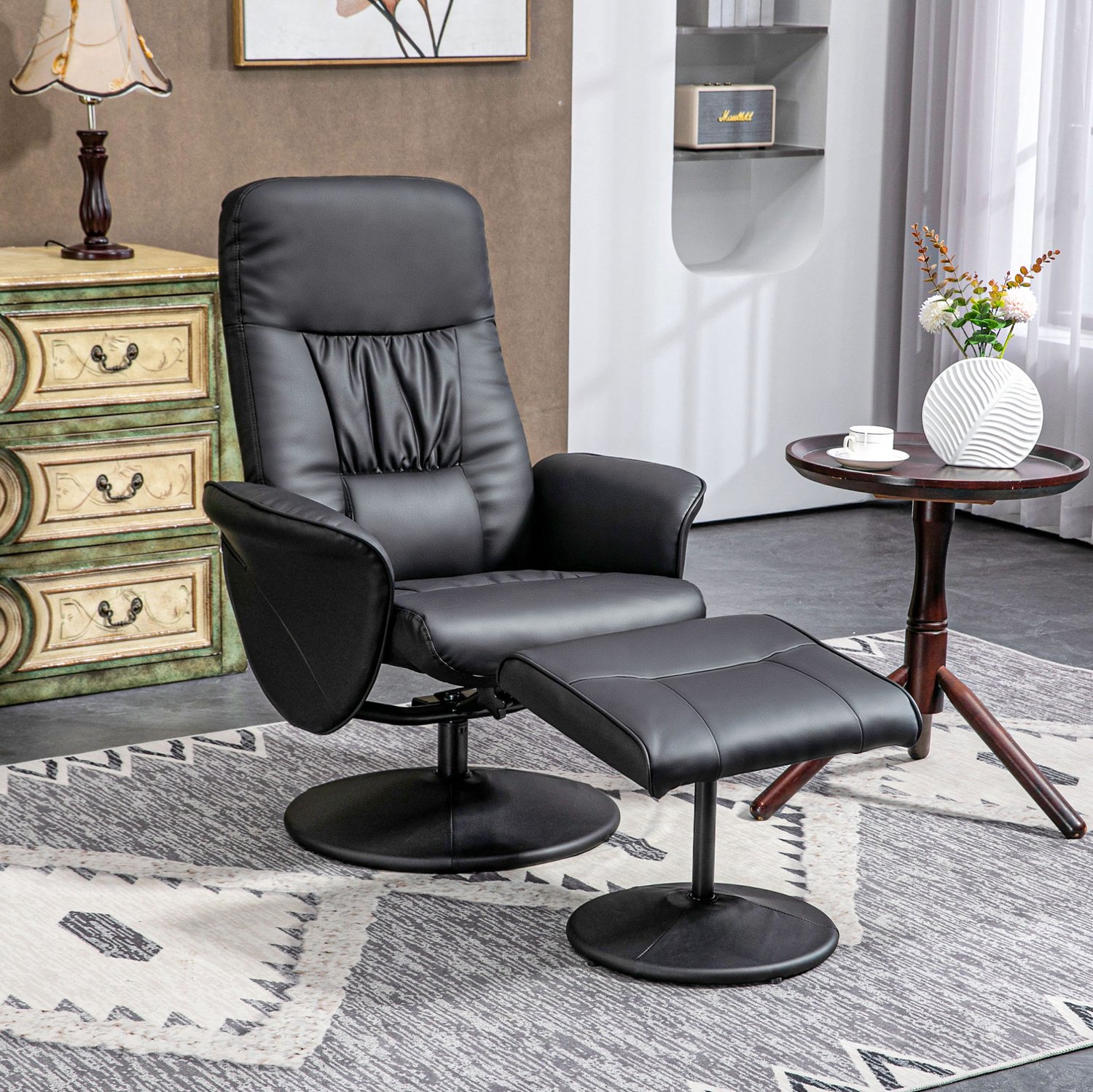MODENUIT Relaxfauteuil 76 x 81 x 101 cm - Verstelbare Rugleuning Met Hocker - Woonkamer - Kunstleer Zwart