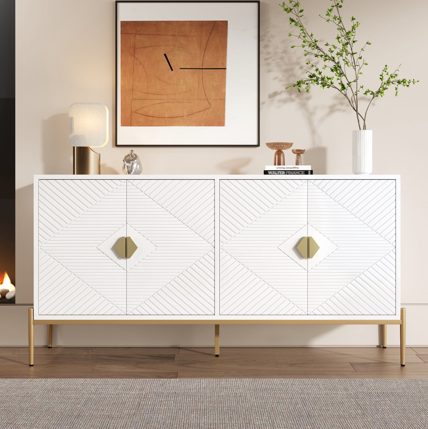 Maisentiel Dressoir met 4 deuren - wit, geometrisch reliëf - 162 x 40 x 80 cm