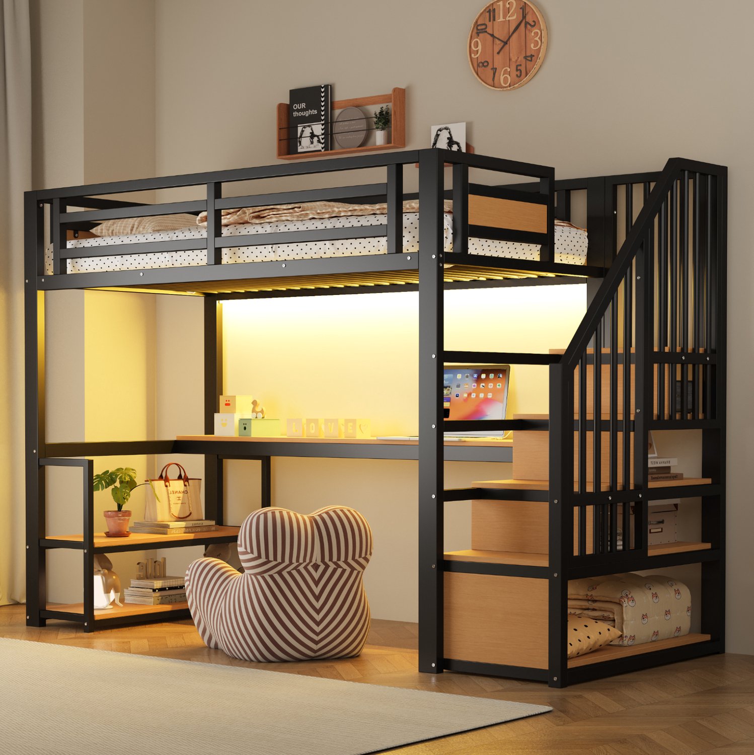 Maisentiel Zwarte metalen hoogslaper 90 x 200 cm met bureau, opbergladder, ledverlichting en stopcontact
