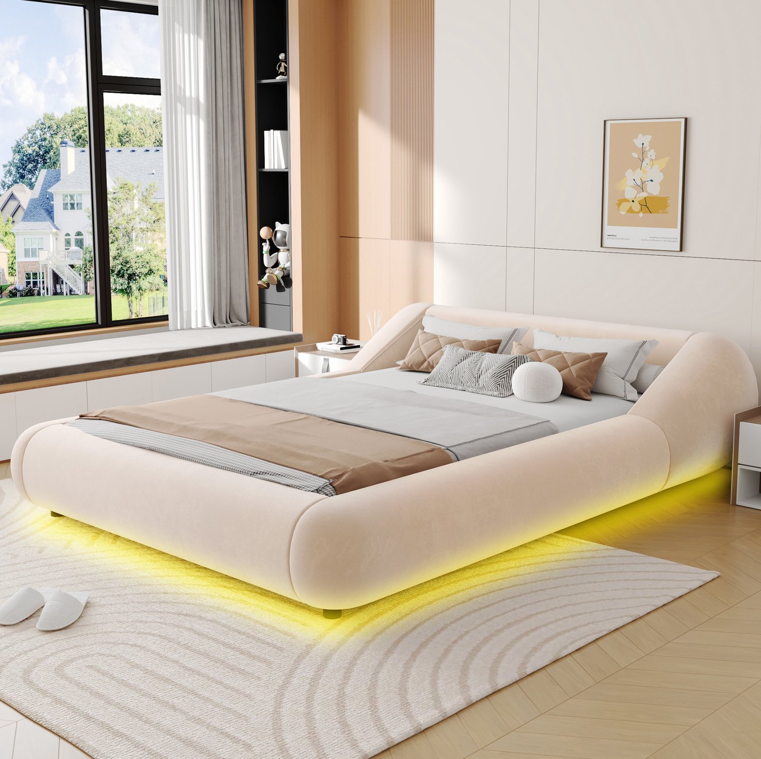 Maisentiel Gestoffeerd bed 140 x 200 cm – beige fluweel, zwevend design en ledverlichting