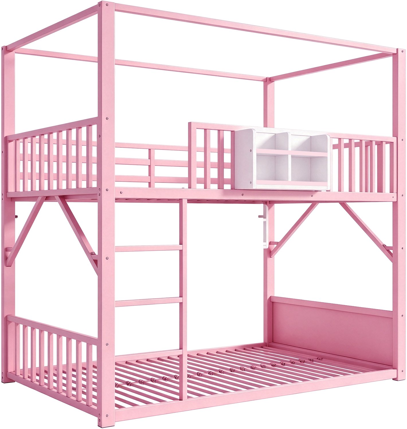 MUVANO Metalen stapelbed 90 x 200 cm voor kinderen - Met dakconstructie, boekenplank en opbergtas - Veiligheidshek bovenbed - Kinderkamer - Roze