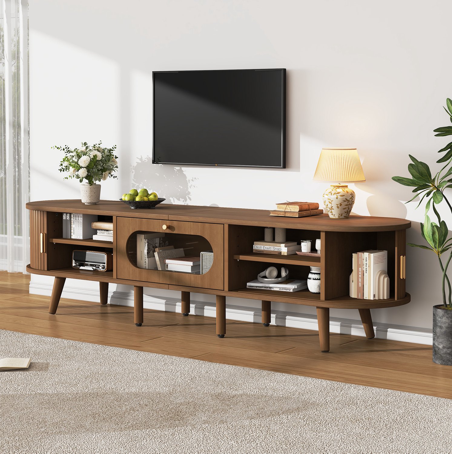 STILVORA Tv-Meubel - Twee Roldeuren En Lade Met Transparant Acrylfront - Voor Woonkamer En Tv Tot 70 Inch - Mdf - 170x40x43 Cm - Walnootkleur
