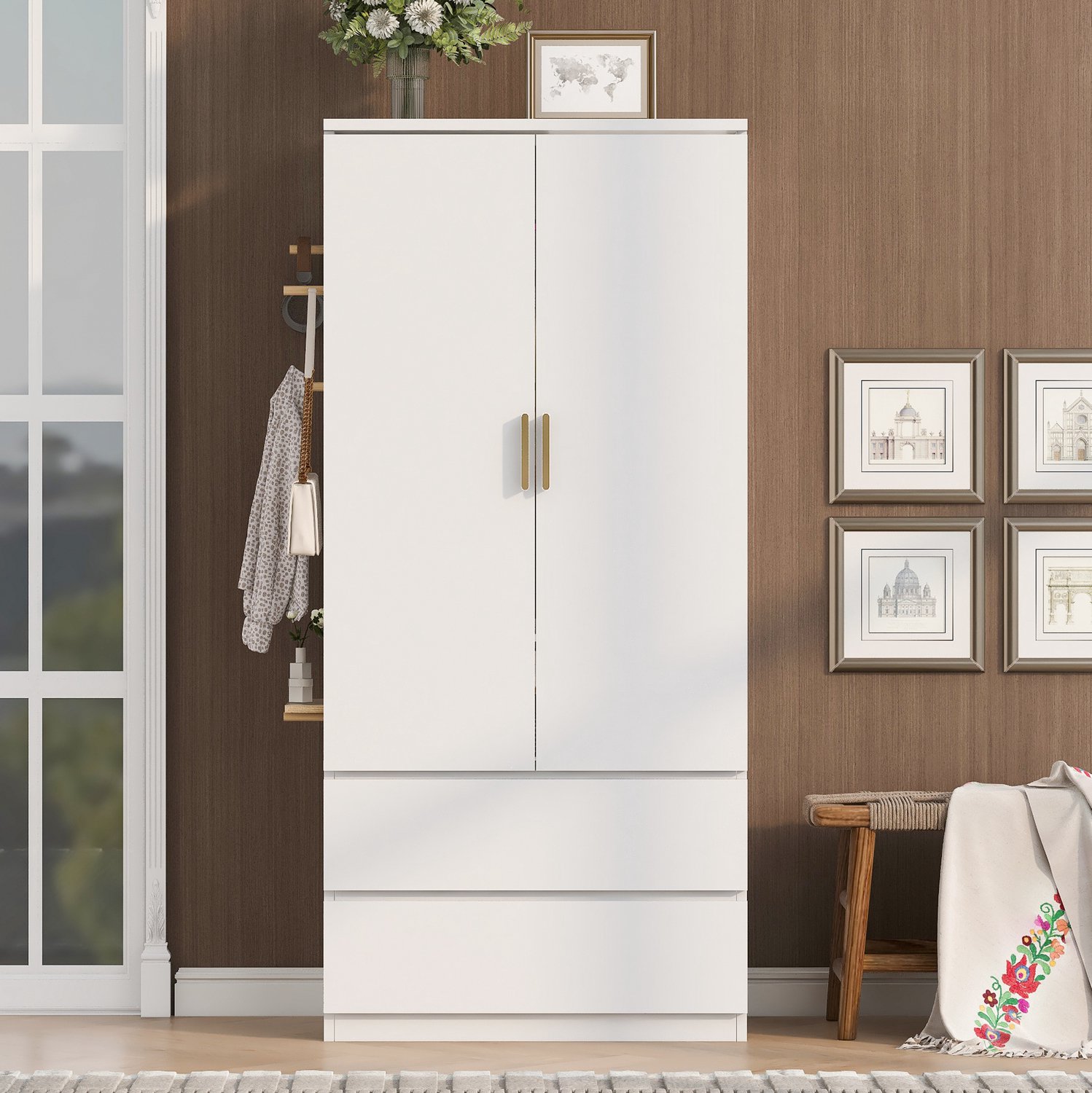 REDOM Kledingkast 70 x 50 x 170 cm - 2 lades, hanggedeelte en geperforeerde zijwand - Wit