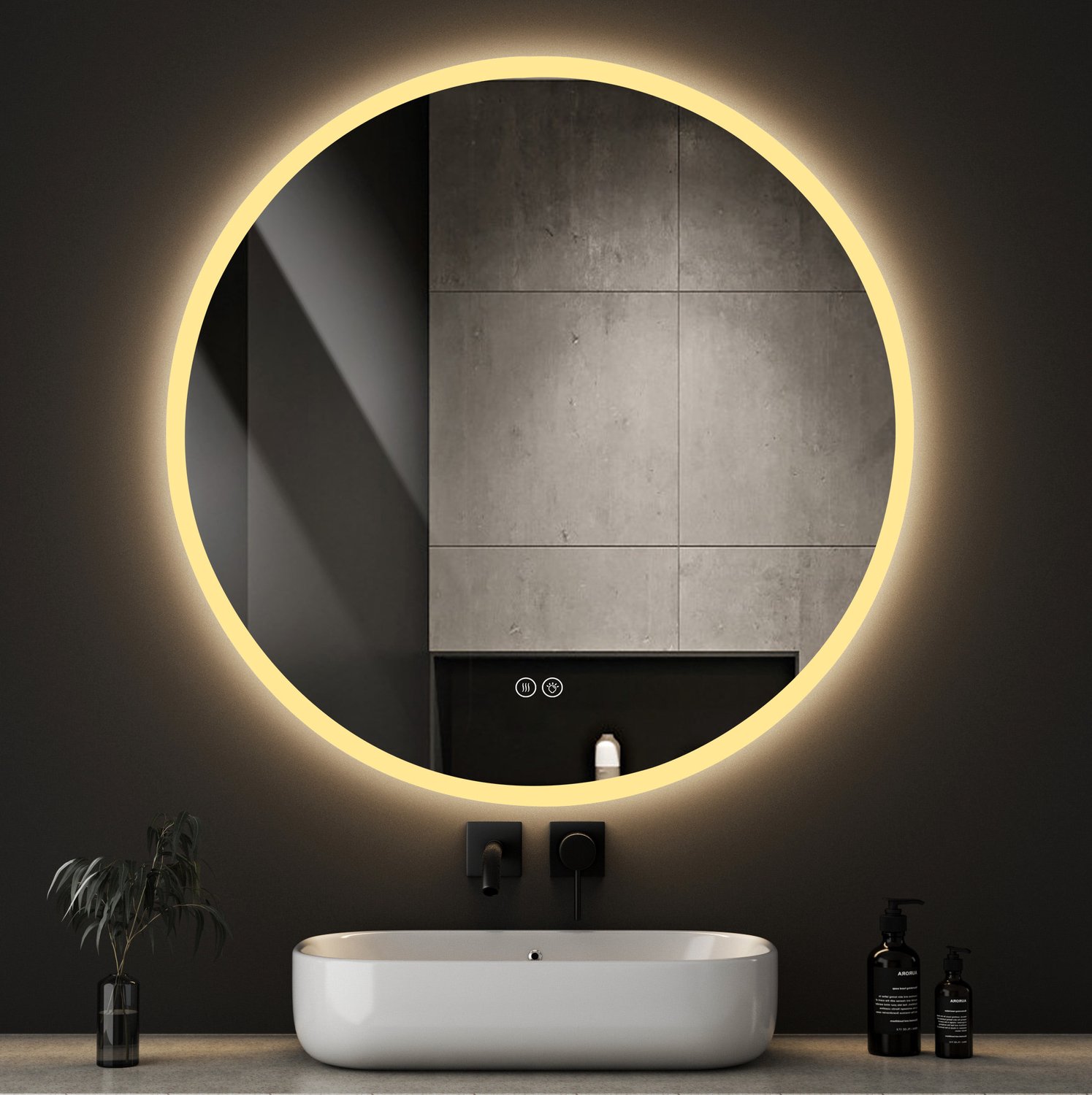 Wishdor Ronde badkamerspiegel met LED - Dimbaar met 3 lichtkleuren - Anticondens en geheugenfunctie - Matte lichtrand - IP44 spatwaterbestendig - Gehard veiligheidsglas - Zilver - Ø 70 cm