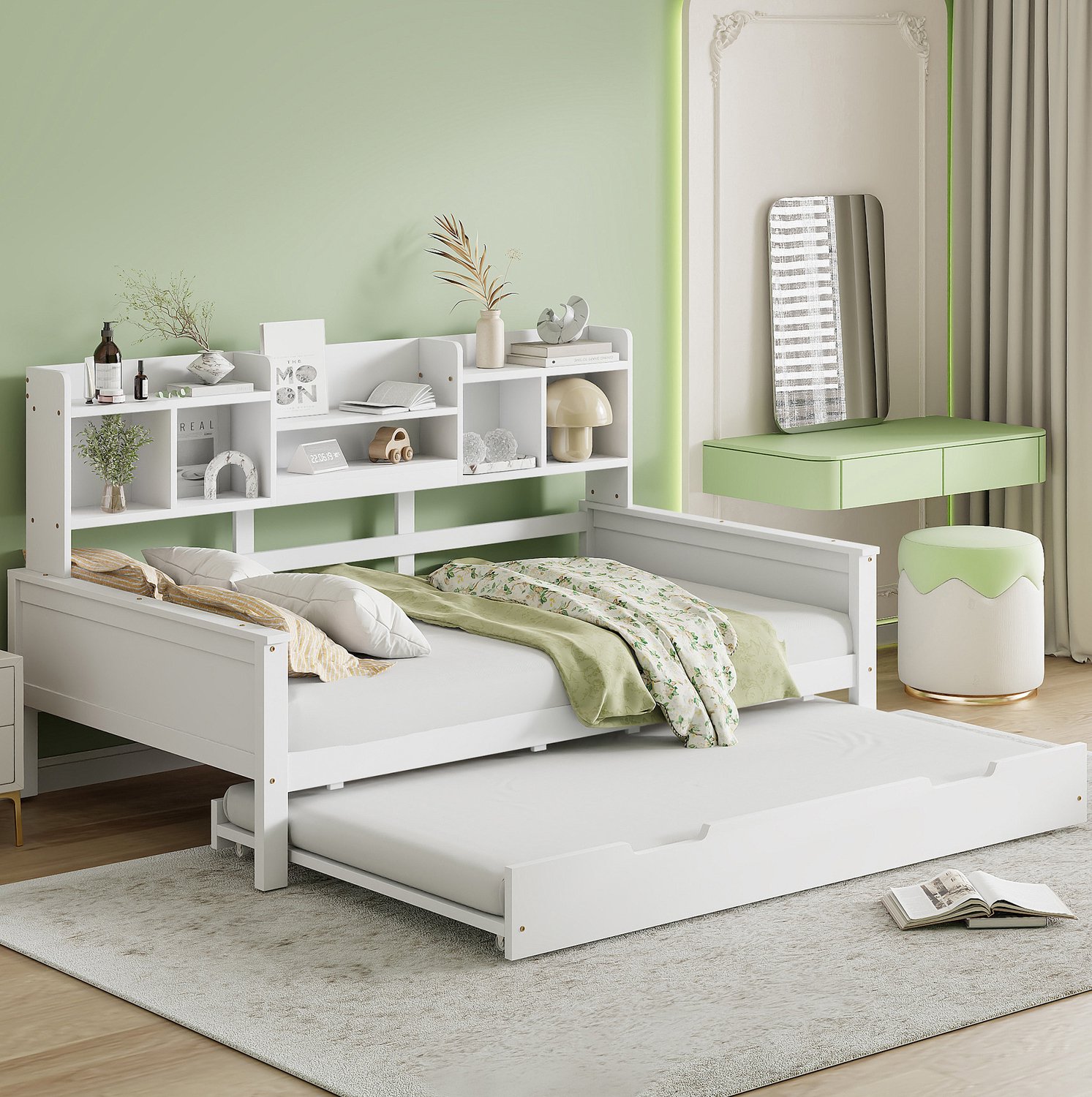 Maisentiel Witte houten bedbank 90 x 200 cm met uitschuifbed 90 x 190 cm en opbergvakken
