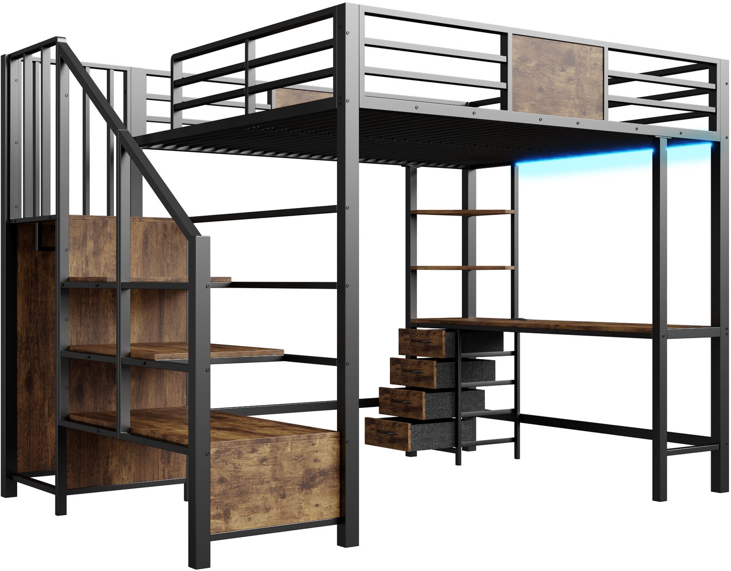 MUVANO Metalen hoogslaper 140x200 met bureau - hoogslaper met opbergvakken, kledingroede, ledverlichting en stopcontact - zwart-wit