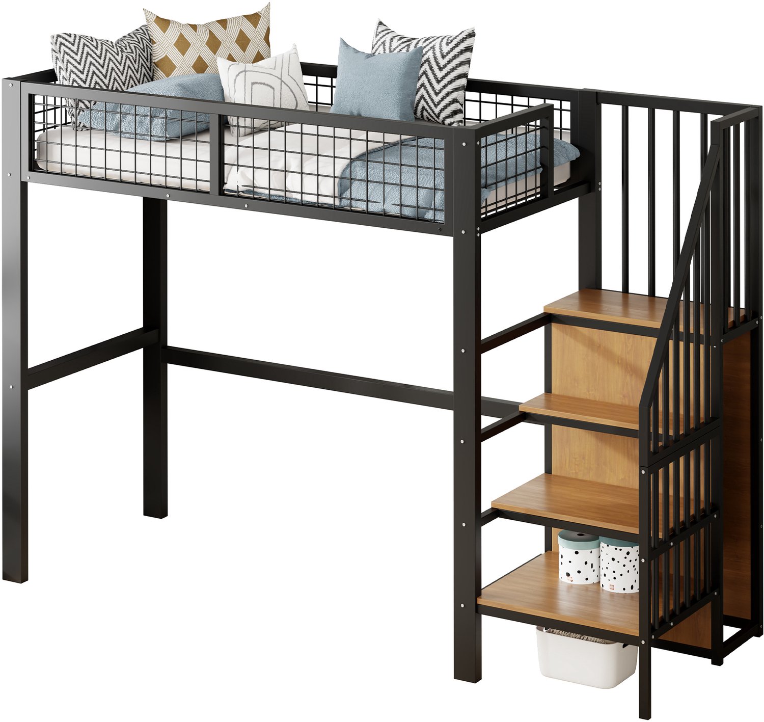 MUVANO Hoogslaper 90x200 met ladder - Kinderbed met kledingkast en opbergrek - Metalen frame met uitvalbeveiliging - Zonder matras - Kinderkamer zwart