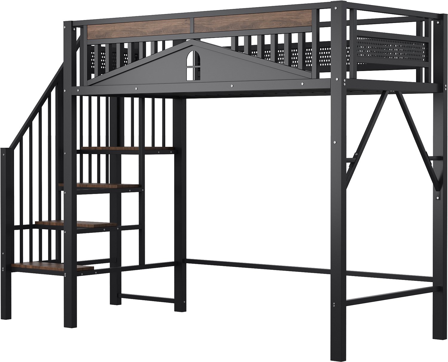 MUVANO Zwarte metalen hoogslaper 90x200 cm - Bedframe met opbergtrap en houten treden - Veiligheidsrand met raamvorm - Ruimte onder het bed