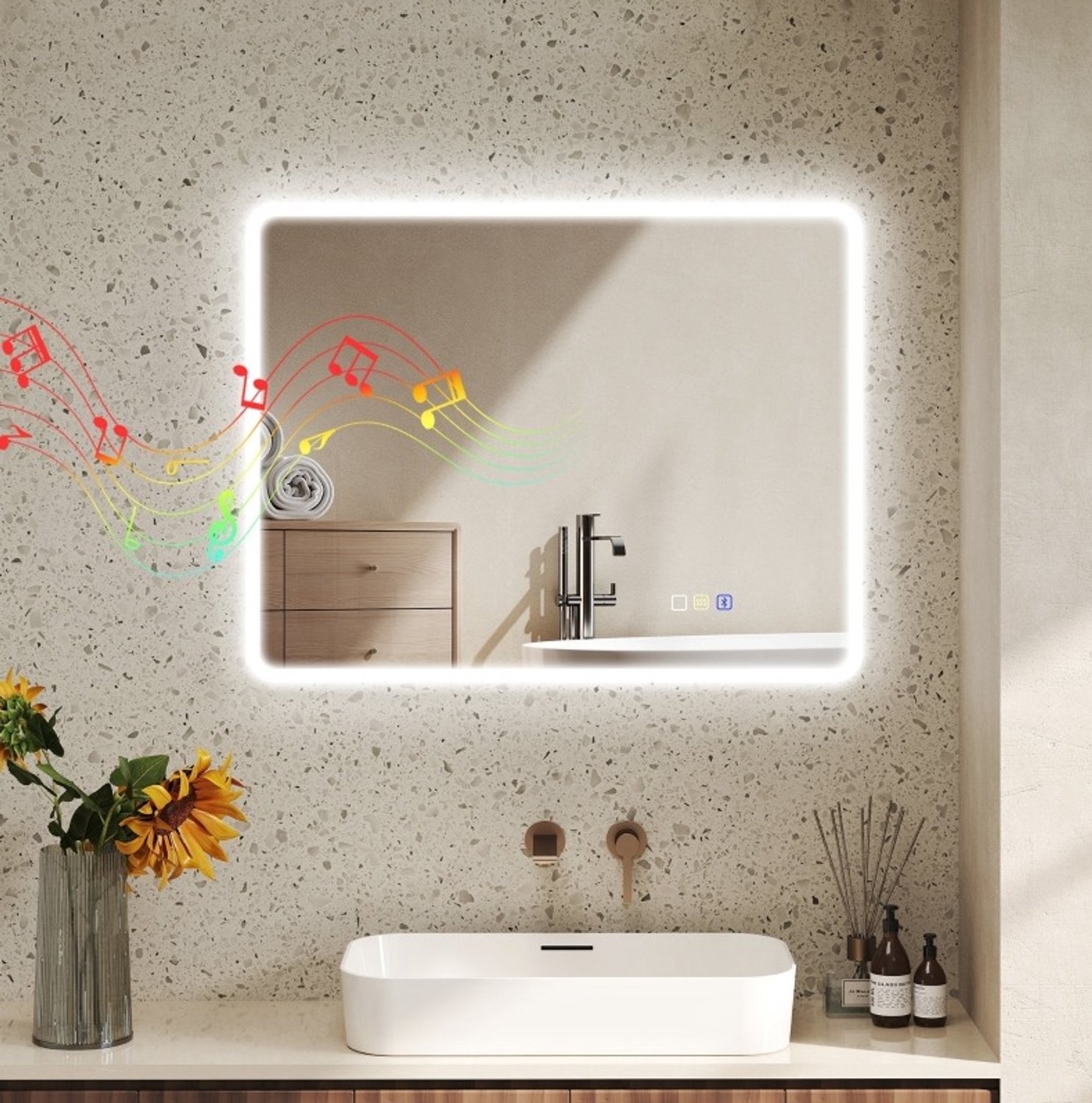 HAUSS SPOLE Badkamerspiegel Dimbaar – 70 x 90 cm – Gehard Glas – Zilver – Drie Lichtkleuren en Draadloze Muziek – Condenswerend met Geheugenfunctie