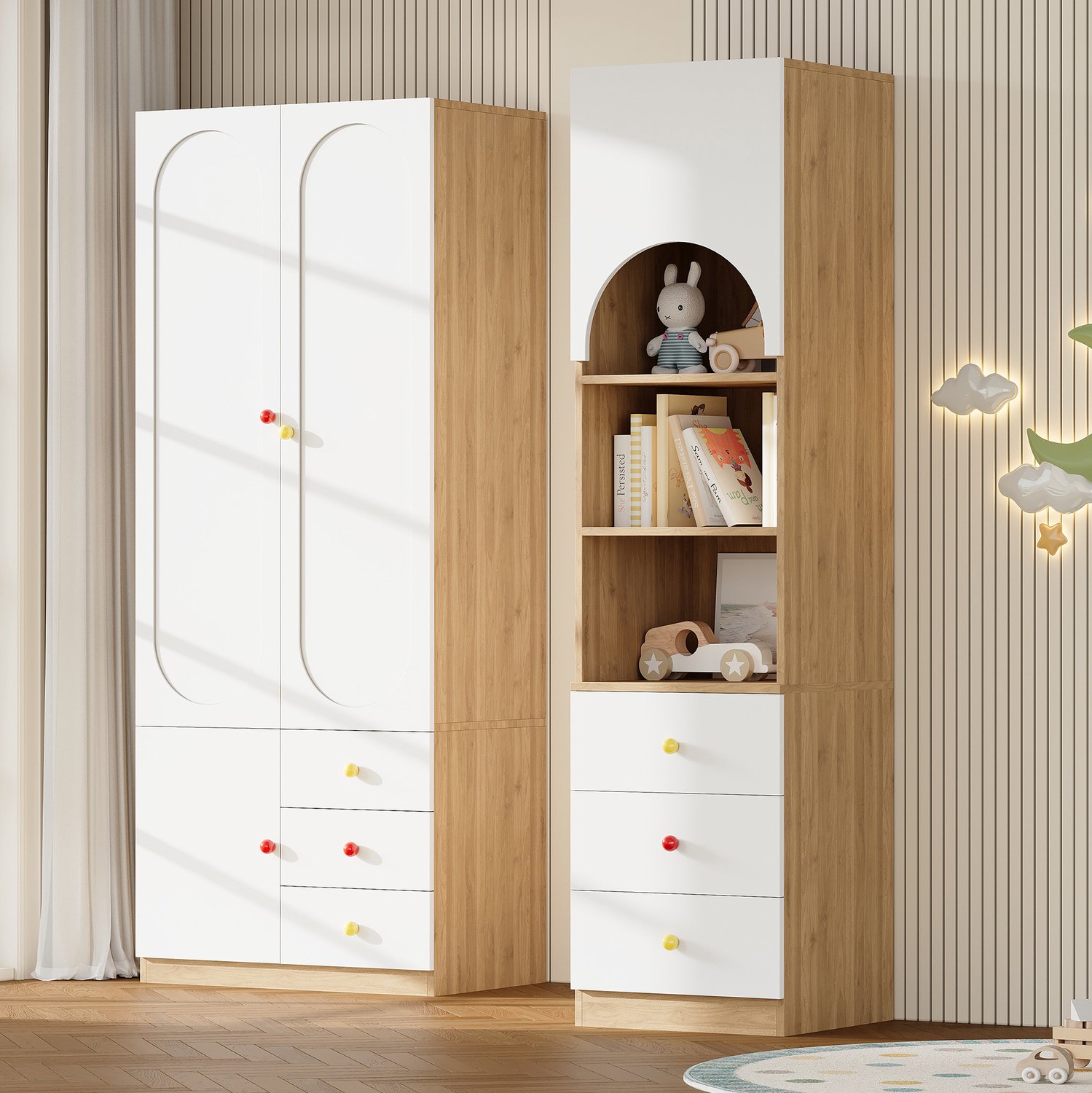 REDOM Kledingkastset 130x50x200 cm - 2-deurs kast en opbergrek met lades - Wit/naturel Wit, houtkleur