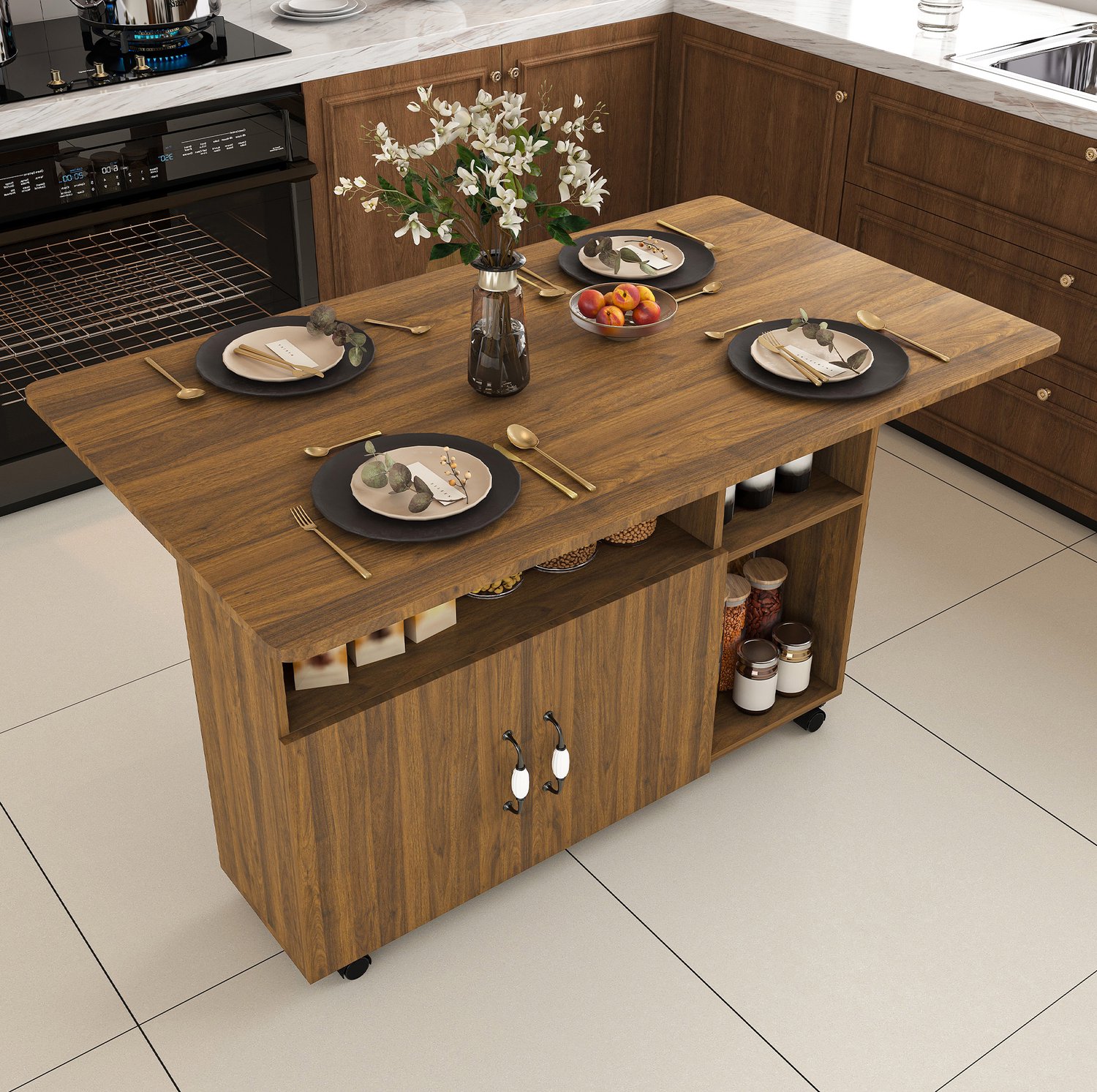 HAUSS SPOLE Opklapbare Eettafel - Verrijdbaar met 5 Wielen en Opbergruimte - voor Keuken en Werkplek - MDF - Lichte Walnootkleur - 110x70x80 cm Licht walnoot