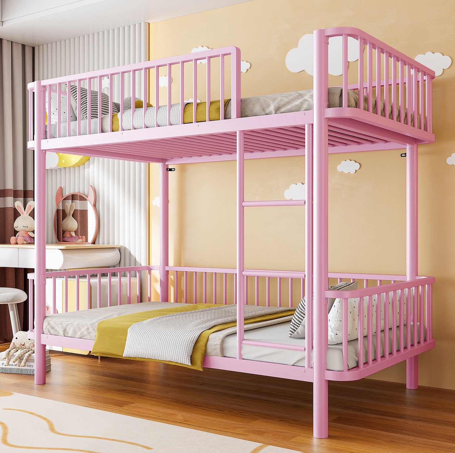 MODFU Stapelbed - Afgeronde Hoeken - Veiligheidshekken - Metaal - Roze - 90 X 200 Cm