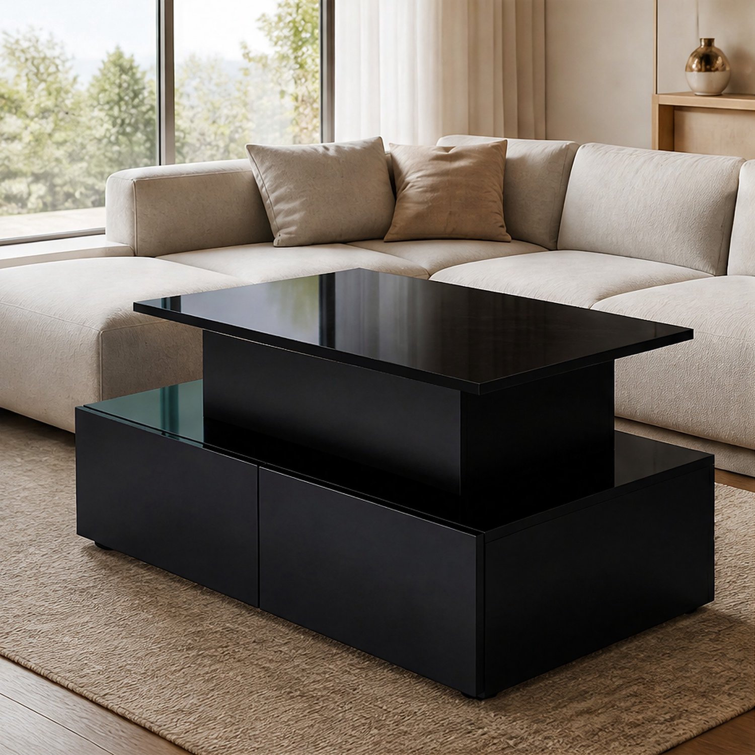 City long dragon LONG DRAGON - Salontafel - 90x55x41 cm zwart hoogglans - LED, uitschuifbaar blad en 4 push-open lades