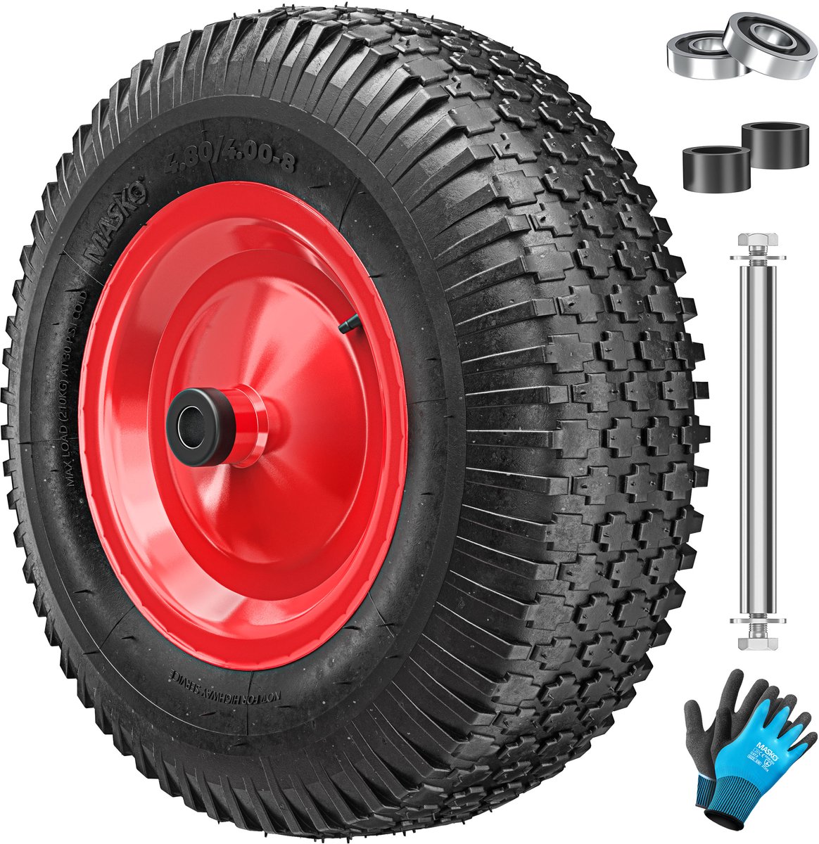 MASKO® Kruiwagenwiel met luchtband - 250 kg draagkracht - 40 cm, stalen velg met kogellager - Rood