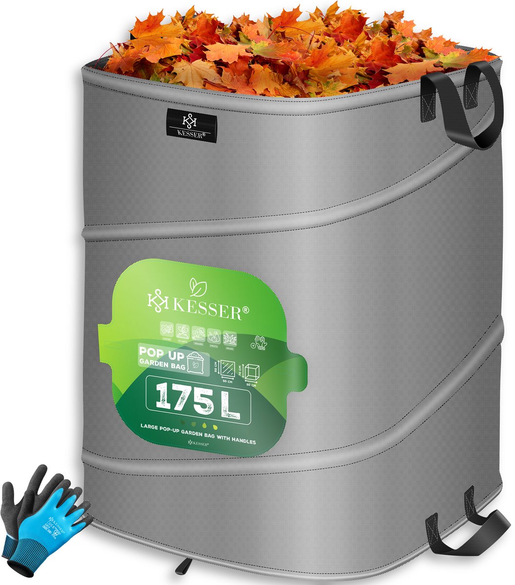 KESSER® Pop-up tuinzak 175 liter - Zelfstaand en opvouwbaar - Met handschoenen - Grijs/zwart
