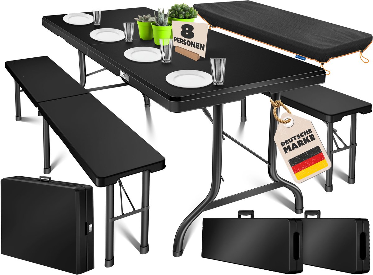 KESSER® Biertafelset 3-delig - klaptafel met 2 banken - HDPE kunststof - 183x76x74 cm - zwart