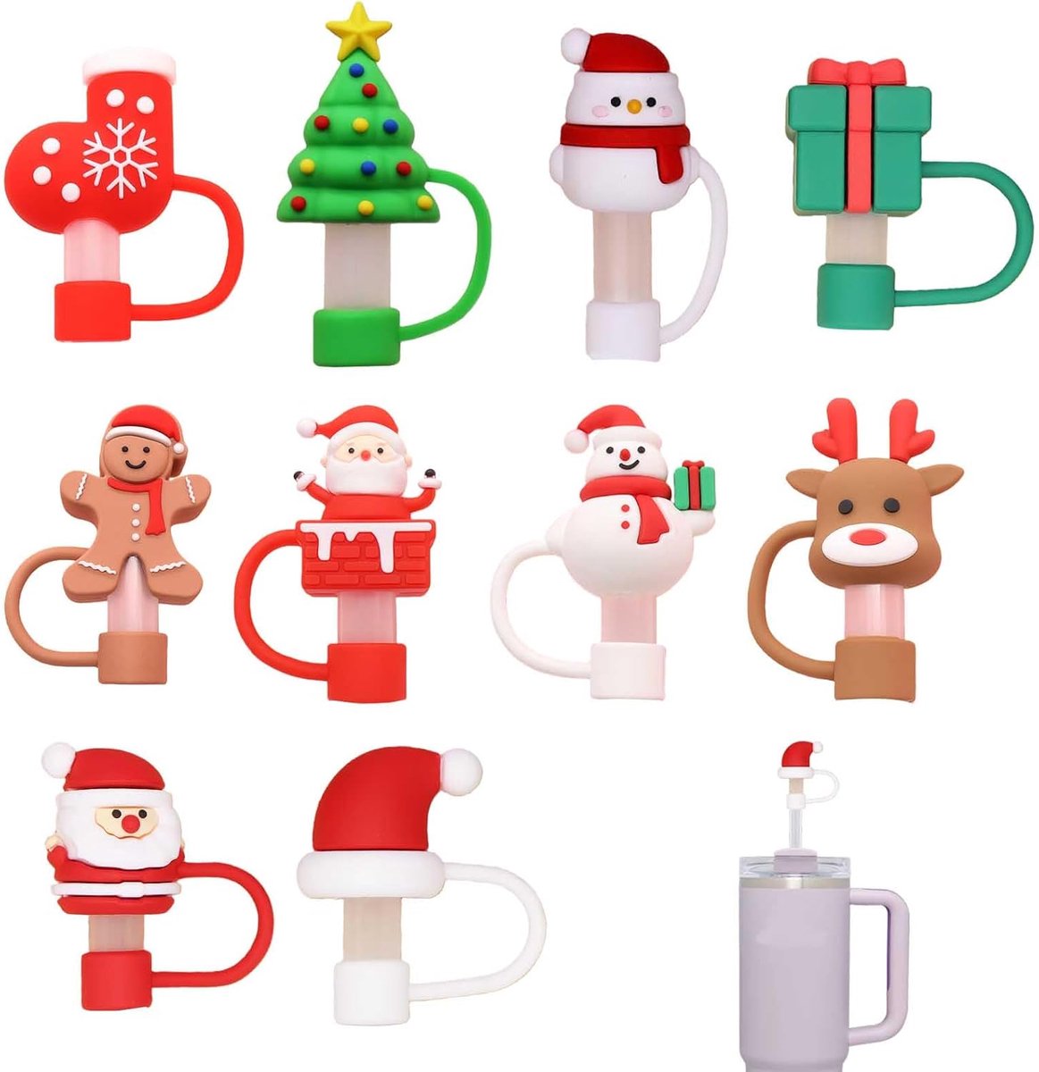 10 stuks Rietjesafdekking kerstversiering, siliconen rietjesdoppen herbruikbaar, kerst accessoire rood groen, past op 10mm rietjes, decoratief voor feest & dagelijks gebruik