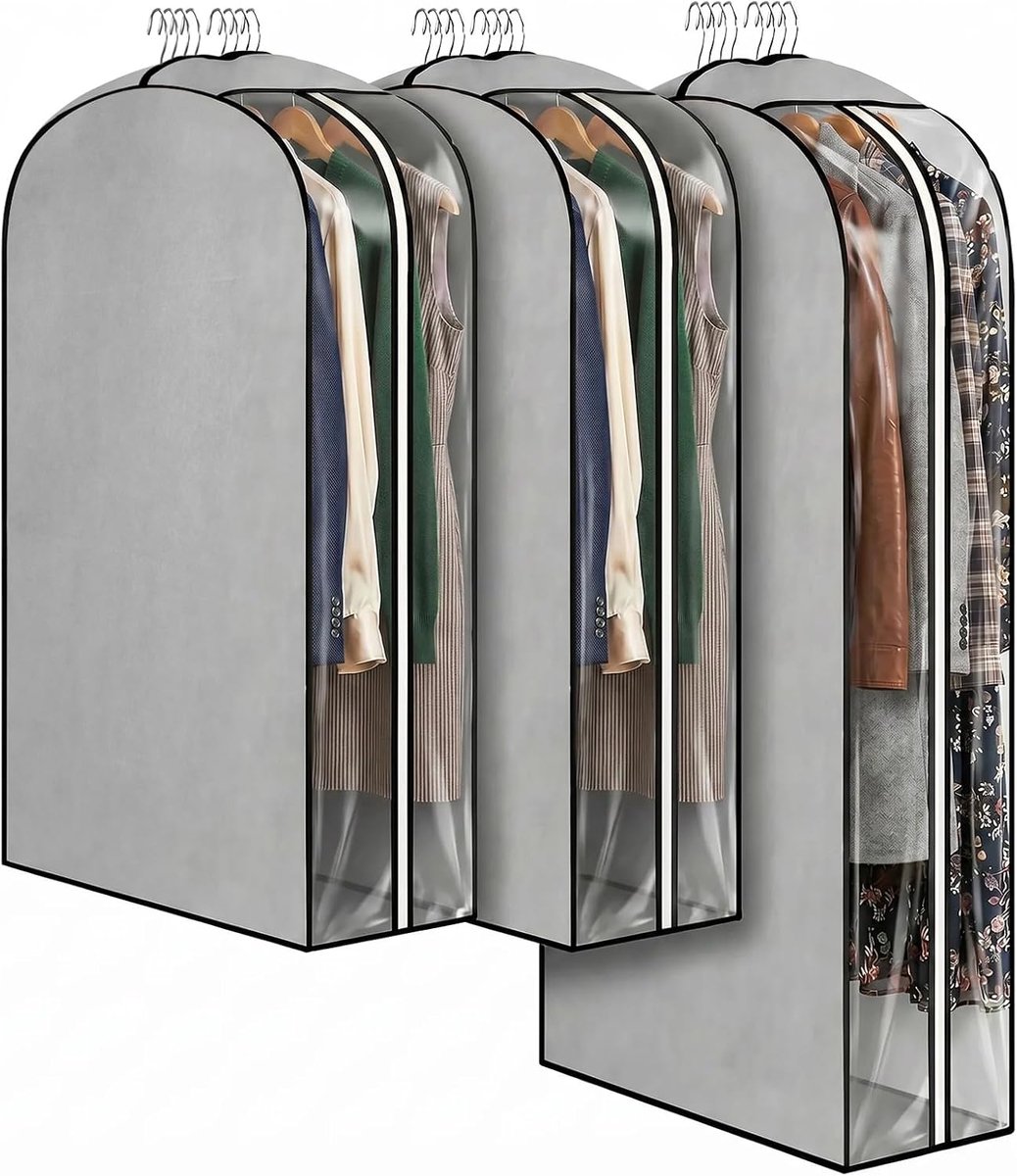 Kledingzak, set van 3 kledingzakken met 25,5 cm breed, extra diepe PEVA-stofbescherming met ritssluiting, grote kledinghoes, transparant, voor mantels en pakken
