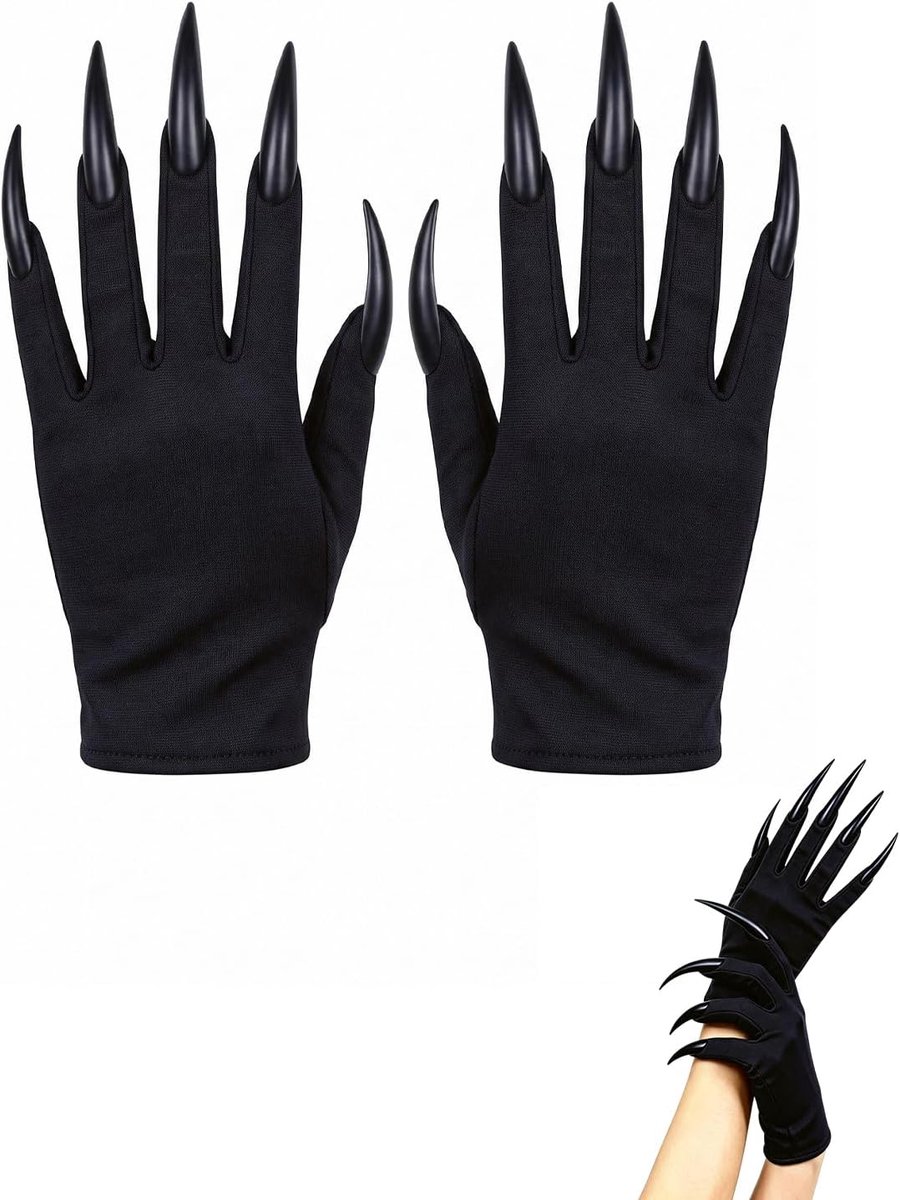 Handschoenen met lange klauwen, cosplay-accessoires voor heks, vampier, demon, raaf, Halloween, kattennagelringen, griezelig kostuum voor vrouwen en mannen