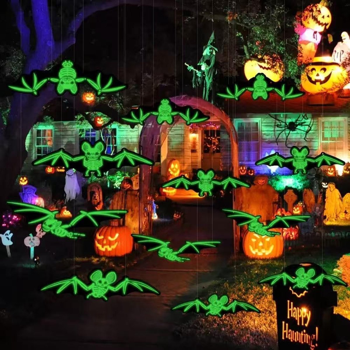 12 stuks Halloween hangende vleermuizen lichtgevende decoraties, spookachtig gloeiende schedel patroon vleermuis ornamenten, griezelige benodigdheden voor Halloween feest buiten tuin tuin raam