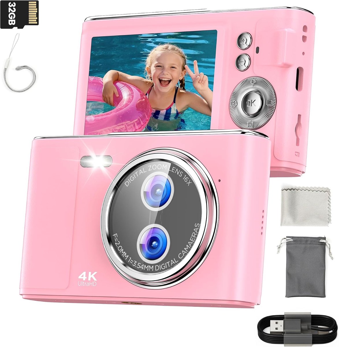 32 GB Draagbare Digitale Camera voor Kinderen: 48 MP 16x Zoom Vloging-Camera met Anti-Shake Fotofiltratie Continu Fotograferen Autofocus Compactcamera Roze