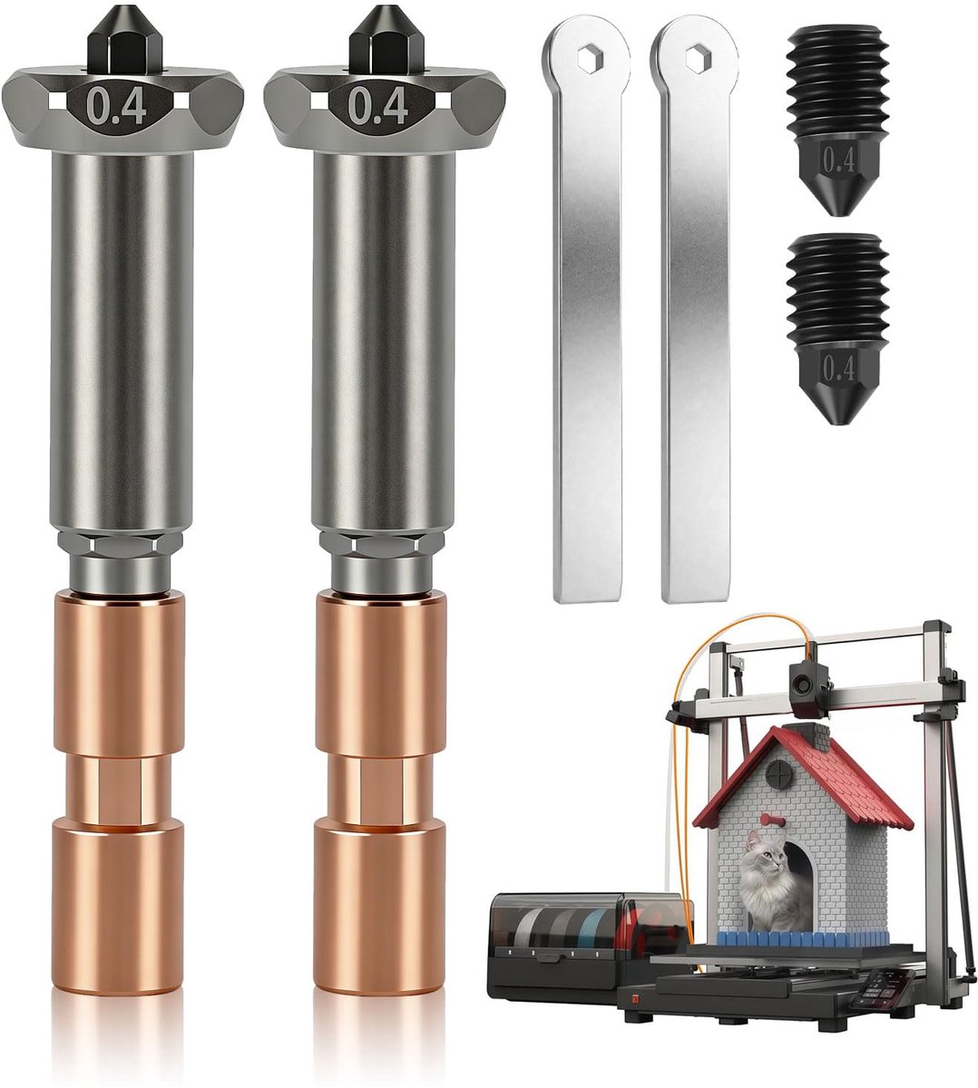 2 geharde stalen demontagesproeiers compatibel met Ko-br-a 3 Max High-Speed 3D-printer Hotend Kit 0,4 mm compatibel met An-yc-ub-ic Ko-br-a 3 Max-assemblage