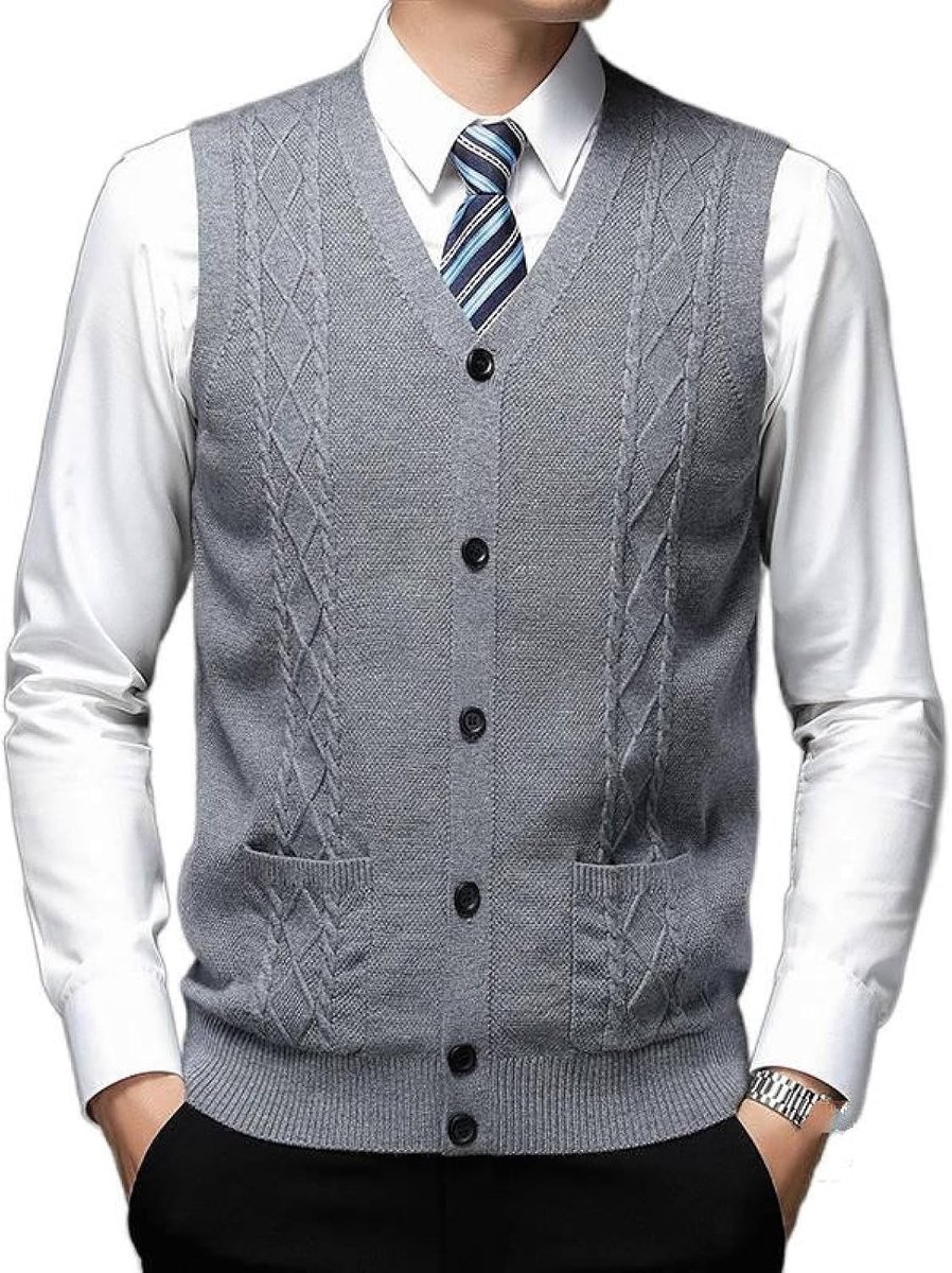 Effen Jacquard Gebreid Vest Bovenkleding, Jeugdmode Heren Argyle V-Hals Vest Vest Casual Trendy Trui, Klassiek Zakelijk Heren Gebreide Vest Trui Vest Tanktops, Middengrijs, S